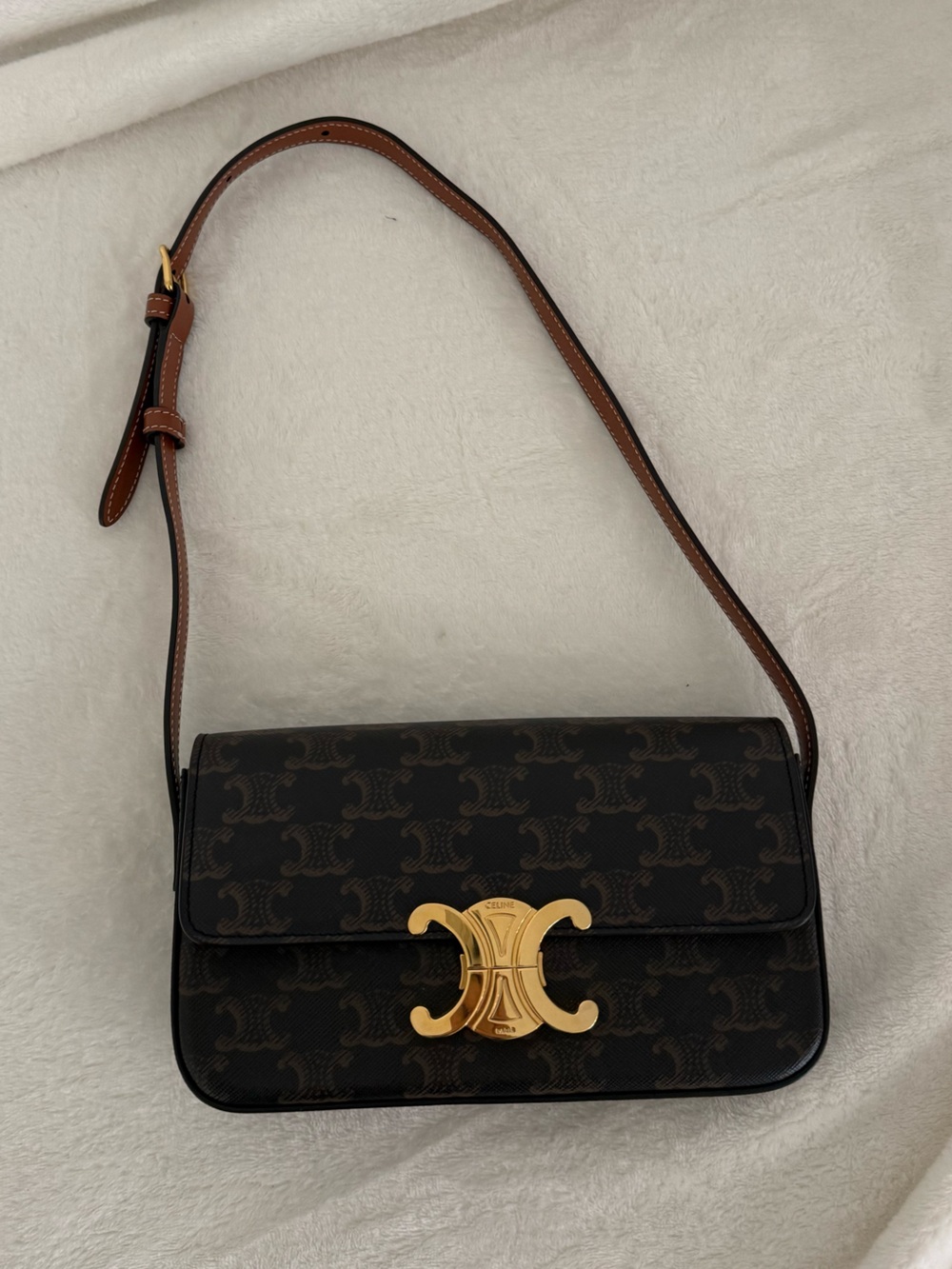 Celine Black and Brown Triomphe Shoulder Bag with Gold Hardware